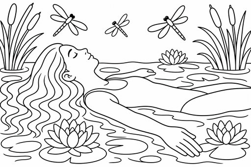 Una donna con lunghi capelli mossi galleggia sul dorso in uno stagno. Grandi fiori di ninfea e foglie la circondano nell'acqua. Alti canneti crescono ai lati e tre libellule volano in aria.