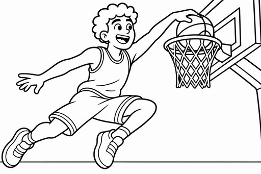 Usmievavý chlapec s kučeravými vlasmi skáče vzduchom, aby urobil slam dunk. Drží basketbalovú loptu priamo nad obručou koša pred jednoduchou doskou. Kresba je jednoduchý čiernobiely obrys s hrubými, čistými líniami.