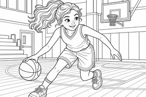 Una bambina sorridente con la coda di cavallo palleggia con una palla da basket in palestra. Sullo sfondo si notano il canestro, le gradinate e le linee del campo.