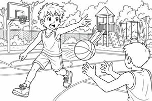 Chlapec s rozcuchanými vlasy hází basketbalový míč svému spoluhráči na venkovním hřišti. Pozadí tvoří park s klouzačkou, houpačkami a basketbalovým košem za plotem.