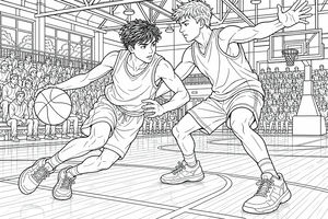 Un disegno dinamico da colorare con due giocatori di basket in campo. Un giocatore palleggia mentre l'altro allunga il braccio per difendere sotto lo sguardo della folla.