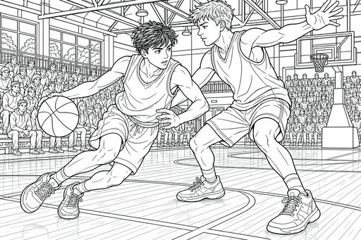 Un disegno dinamico da colorare con due giocatori di basket in campo. Un giocatore palleggia mentre l'altro allunga il braccio per difendere sotto lo sguardo della folla.
