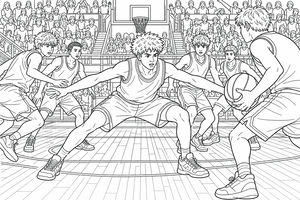 Un giocatore di basket in canotta allarga le braccia per difendere contro un avversario con la palla. I compagni si muovono sullo sfondo del campo in legno, mentre un pubblico numeroso siede sulle tribune sotto il canestro.