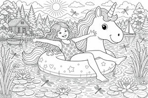 Una giovane ragazza con un fiore tra i capelli galleggia su una ciambella a forma di unicorno in un lago circondato da montagne e boschi. Libellule volano sopra le ninfee.