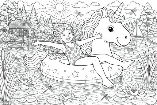 Una giovane ragazza con un fiore tra i capelli galleggia su una ciambella a forma di unicorno in un lago circondato da montagne e boschi. Libellule volano sopra le ninfee.