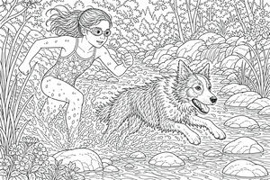 Una bambina con un costume a fiori e occhialini da nuoto corre in un ruscello gorgogliante accanto a un felice cane border collie. L'acqua schizza ovunque mentre sfrecciano tra rocce e alberi.