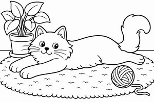 Kreslená kočka ragdoll ležící na kulatém koberci vedle klubíčka vlny a květiny v květináči.