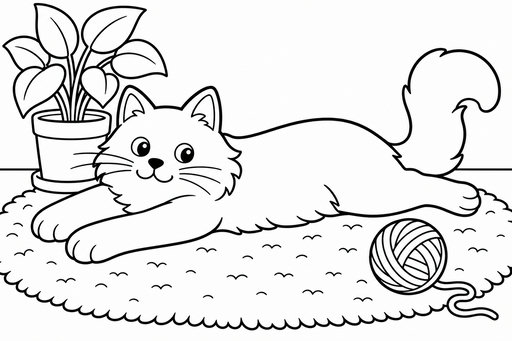 Kreslená kočka ragdoll ležící na kulatém koberci vedle klubíčka vlny a květiny v květináči.