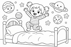 Um desenho para colorir de uma menina com totós a saltar numa cama. Por cima dela há estrelas, uma lua e planetas com rostos felizes.