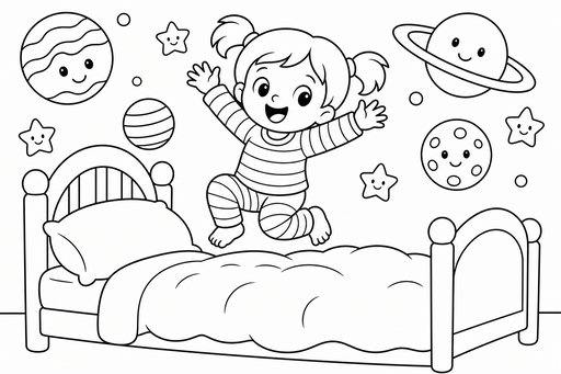 Um desenho para colorir de uma menina com totós a saltar numa cama. Por cima dela há estrelas, uma lua e planetas com rostos felizes.