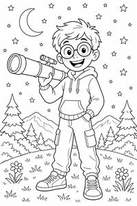 Ein Junge mit Sommersprossen und Brille trägt ein Teleskop. Er steht in einer nächtlichen Landschaft mit Tannen, Bergen und einem sternenklaren Himmel mit einer Mondsichel.