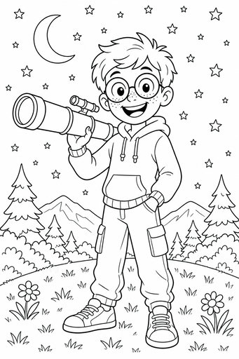 Ein Junge mit Sommersprossen und Brille trägt ein Teleskop. Er steht in einer nächtlichen Landschaft mit Tannen, Bergen und einem sternenklaren Himmel mit einer Mondsichel.