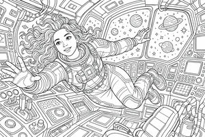 Ein Ausmalbild einer Astronautin mit langen, welligen Haaren, die in einer Raumschiffkabine mit Kontrollpulten und Planeten im Fenster schwebt.