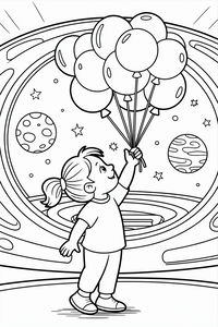 Ein junges Mädchen mit Pferdeschwanz hält Luftballons in einer Raumstation. Ein großes kreisförmiges Fenster zeigt Planeten mit Kratern und Streifen inmitten von funkelnden Sternen.