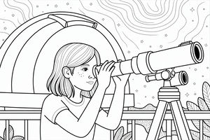 Ein Mädchen blickt durch ein großes Teleskop in einem Observatorium unter einem Sternenhimmel mit wirbelnden Mustern und leuchtenden Sternen.