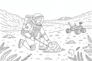 Ein Astronaut im Raumanzug kniet auf einem felsigen Planeten, um geologische Proben zu sammeln, während im Hintergrund ein Rover steht.