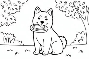 Kreslený pes shiba inu sedící na trávníku a držící v tlamě kulatý frisbee s pozadím stromů a keřů.