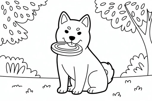 Kreslený pes shiba inu sedící na trávníku a držící v tlamě kulatý frisbee s pozadím stromů a keřů.