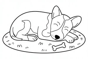 Kreslený pes basenji spící na kulatém koberečku s kostí vedle sebe. Jednoduchá černobílá perokresba k vybarvení.