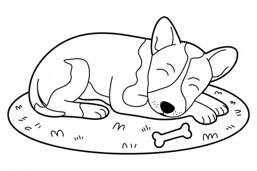 Kreslený pes basenji spící na kulatém koberečku s kostí vedle sebe. Jednoduchá černobílá perokresba k vybarvení.