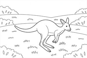 Un simpatico canguro viene ritratto mentre salta in un campo. La scena include piccoli ciuffi d'erba e cespugli rotondi sotto un cielo limpido.