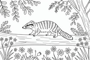 Un disegno al tratto di un numbat a strisce che attraversa un tronco caduto in una foresta piena di fiori e foglie.