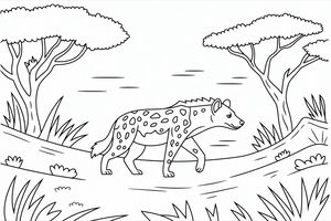 Una iena maculata con molti piccoli cerchi sulla pelliccia cammina attraverso un paesaggio di savana. Dietro l'animale ci sono due grandi acacie e diversi ciuffi d'erba sotto un cielo sereno.