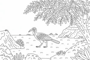Un bucorvo del Sud cammina in un paesaggio di savana pianeggiante. Un grande albero con piccole foglie sovrasta l'uccello, mentre rocce e ciuffi d'erba riempiono lo sfondo. L'uccello ha un caratteristico becco ricurvo e piume dettagliate.