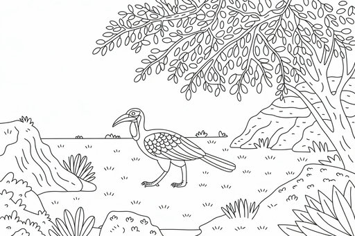 Um calau-terrestre-do-sul caminha por uma paisagem plana de savana. Uma árvore grande com folhas pequenas estende-se sobre a ave, enquanto formações rochosas e erva decoram o fundo. A ave tem um bico curvo distinto e penas detalhadas.