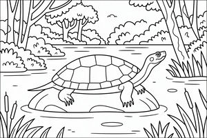Un disegno lineare di una tartaruga dal collo lungo che si crogiola su una roccia in un fiume circondato da alberi e canne.