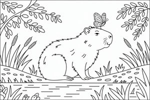 Un disegno da colorare che raffigura un capibara seduto sulla riva di un fiume con una farfalla sulla testa, circondato da tife e rami.