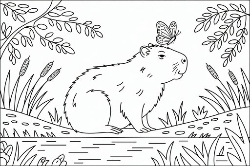 Un disegno da colorare che raffigura un capibara seduto sulla riva di un fiume con una farfalla sulla testa, circondato da tife e rami.