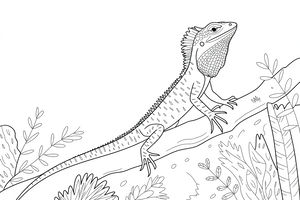 Un disegno da colorare che mostra un clamidosauro su un ramo con il collare aperto. La scena include piante del deserto e squame dettagliate.