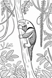 Un disegno da colorare dettagliato che mostra un tamandua su un tronco d'albero tra fitte liane e foglie della giungla.