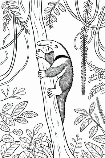 Un disegno da colorare dettagliato che mostra un tamandua su un tronco d'albero tra fitte liane e foglie della giungla.
