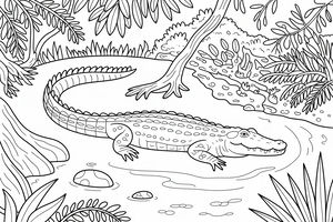 Un grande coccodrillo riposa accanto a un fiume in una fitta giungla con piante tropicali, grandi foglie e rami d'albero.