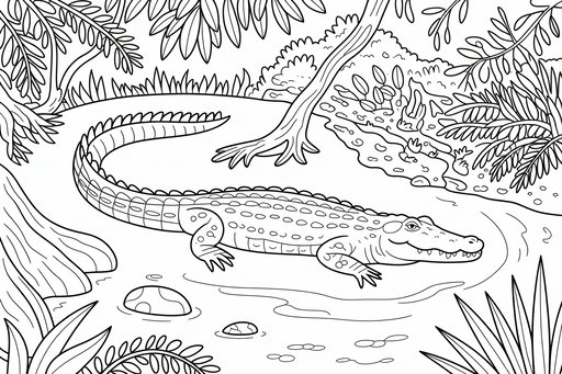 Un grande coccodrillo riposa accanto a un fiume in una fitta giungla con piante tropicali, grandi foglie e rami d'albero.