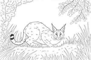 Um desenho para colorir de um caracal agachado na erva alta sob um ramo com folhas. O felino tem orelhas pontiagudas com pelos pretos.