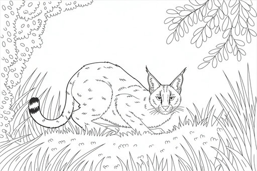 Um desenho para colorir de um caracal agachado na erva alta sob um ramo com folhas. O felino tem orelhas pontiagudas com pelos pretos.