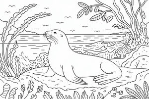 Um grande lobo-marinho descansa numa costa rochosa com algas altas, ondas do oceano e aves a voar no céu.