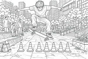 A coloring page showing a boy doing a skateboard trick over orange cones. Other people and tall city buildings fill the background.