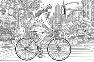 A woman wearing a beanie and backpack rides a bicycle across a crosswalk on a busy city street with skyscrapers, buses, and a flower shop.