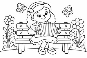 A cartoon girl sitting on a wooden bench playing an accordion. Large flowers and butterflies surround her in a simple garden setting.