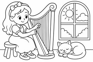 A cartoon girl with a hair bow plays a harp next to a sleeping cat and a sunny arched window.