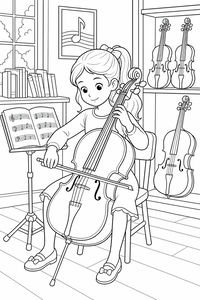 A young girl playing a cello with a bow in a room featuring violins on shelves and a music stand.