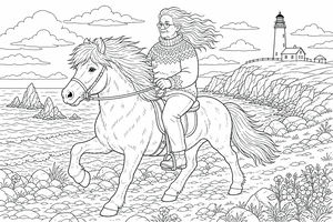 A woman in a patterned sweater riding an Icelandic horse on a rocky beach with waves and a lighthouse.