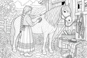 An elderly woman with a long braid grooms a spotted horse in front of a rustic stable with mountains in the background.