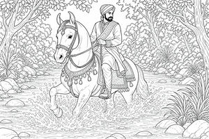 A man in traditional attire and turban riding a marwari horse through splashing river water surrounded by a lush forest.