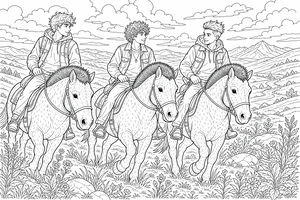 Three teenage boys riding Przewalski's horses across rolling hills. The landscape includes flowers and rocks in the foreground with mountains under a cloudy sky in the background.