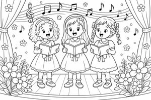 Three young girls standing on a wooden stage singing from songbooks with musical notes and flowers in the background.